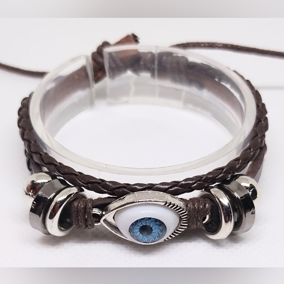 Men's Bracelet Leather Evil Eye raided Layered Brown f25 - Picture 1 of 1
